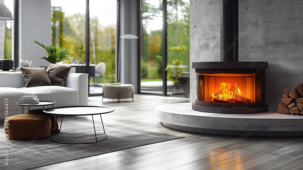 Cast iron fireplace with burning fire in a modern interior. Cast iron fireplace with burning fire in a modern interior.