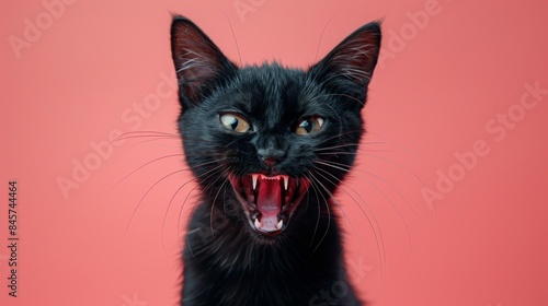 Bombay, angry cat baring its teeth, studio lighting pastel background