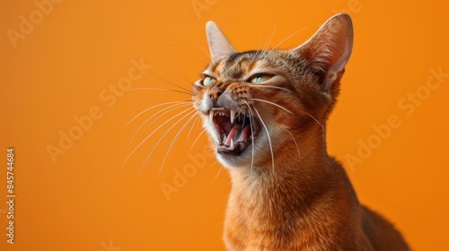 byssinian, angry cat baring its teeth, studio lighting pastel background