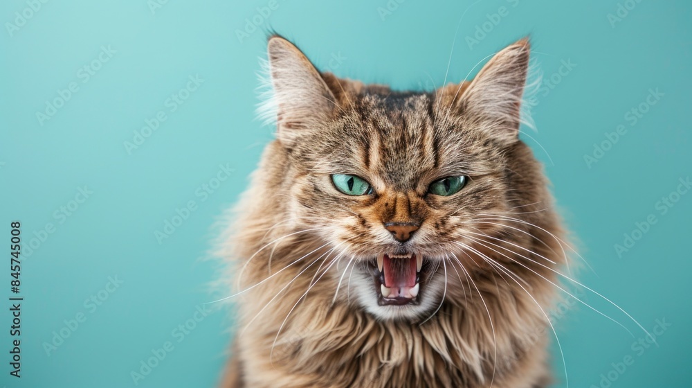 Havana Brown, angry cat baring its teeth, studio lighting pastel background Havana Brown, angry cat baring its teeth, studio lighting pastel background