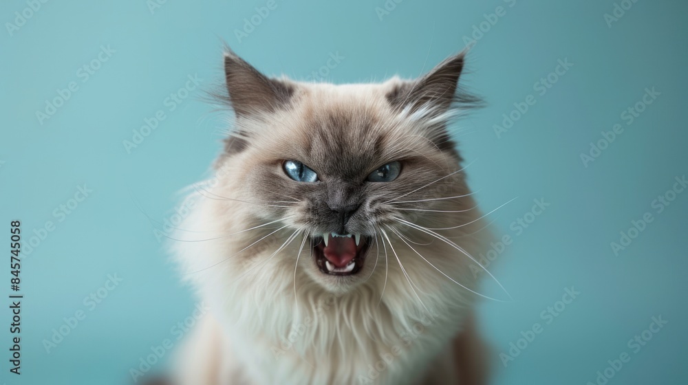 Himalayan, angry cat baring its teeth, studio lighting pastel background Himalayan, angry cat baring its teeth, studio lighting pastel background