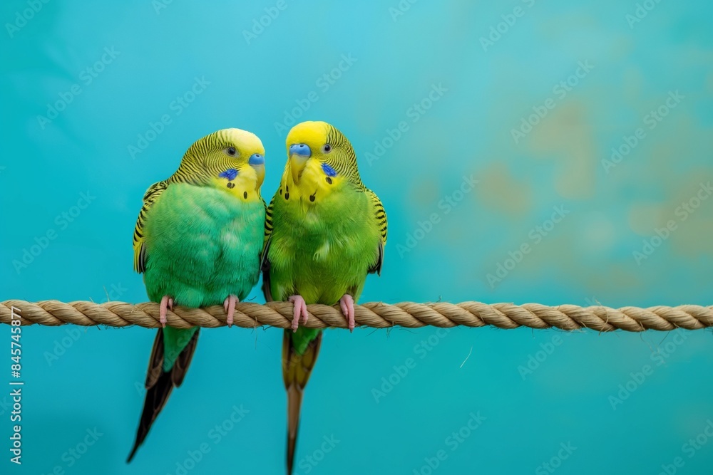 Obraz premium A photo of two budgerigar parakeets perched on a branch isolated against a blurred background. The birds are the focal point of attention, creating a visually appealing and eye-catching composition.
