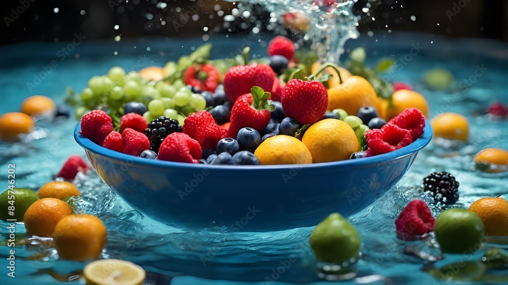 a multicolor of fresh fruits and vegetables collide with a splash of water. a multicolor of fresh fruits and vegetables collide with a splash of water.