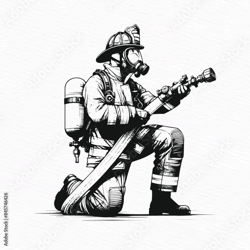 Firefighter Kneeling with Hose Silhouette Vector Art