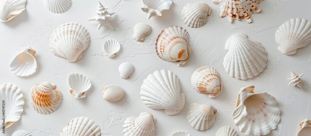Seashells adorning a pristine white wall, creating a charming coastal ambiance. Seashells adorning a pristine white wall, creating a charming coastal ambiance.