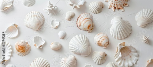 Seashells adorning a pristine white wall, creating a charming coastal ambiance.