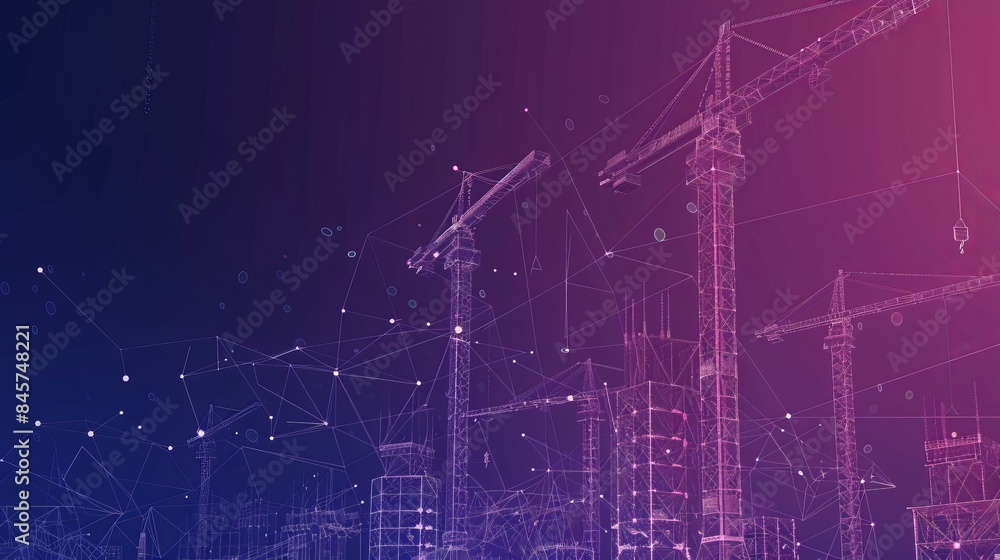 A construction site adorned with lots of tower cranes is depicted in a low poly wireframe digital vector illustration featuring polygons lines particles and connected dots designed as a A construction site adorned with lots of tower cranes is depicted in a low poly wireframe digital vector illustration featuring polygons lines particles and connected dots designed as a