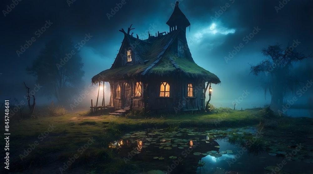 A witch and wizard's hut in the middle of an abandoned pond and a scary atmosphere, thick fog on the pond, at night A witch and wizard's hut in the middle of an abandoned pond and a scary atmosphere, thick fog on the pond, at night