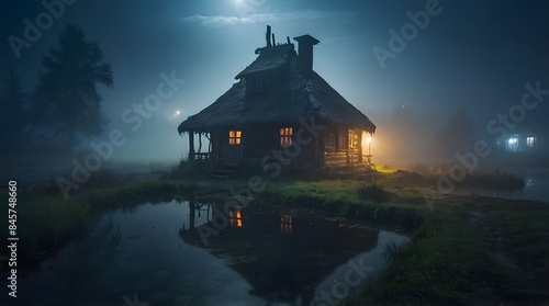 A witch and wizard's hut in the middle of an abandoned pond and a scary atmosphere, thick fog on the pond, at night © ZADpro