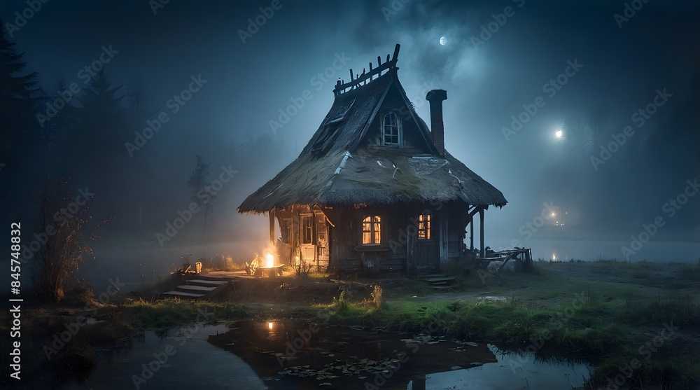 Obraz premium A witch and wizard's hut in the middle of an abandoned pond and a scary atmosphere, thick fog on the pond, at night
