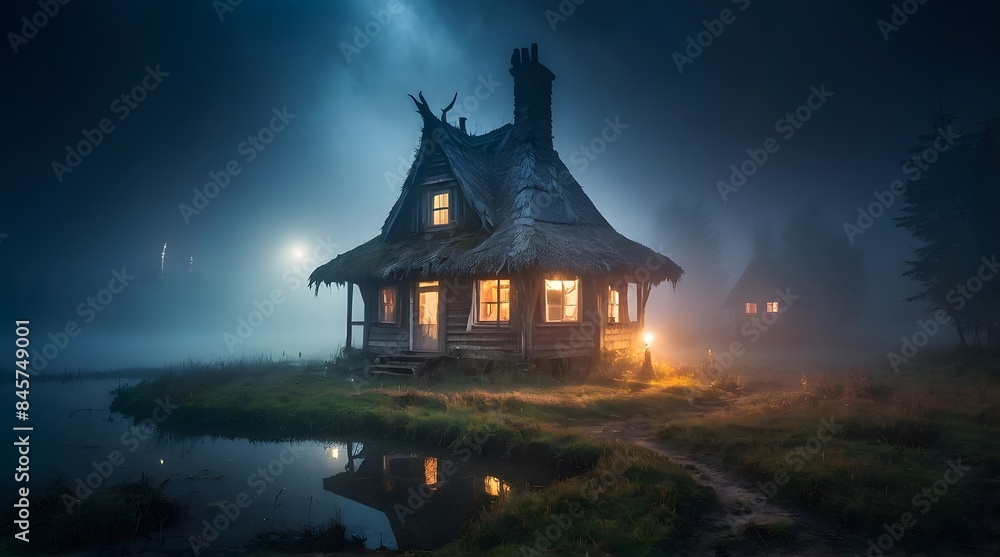 A witch and wizard's hut in the middle of an abandoned pond and a scary atmosphere, thick fog on the pond, at night
