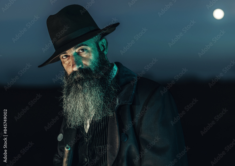 Vintage victorian man with beard in hat and coat standing in landscape at dusk.