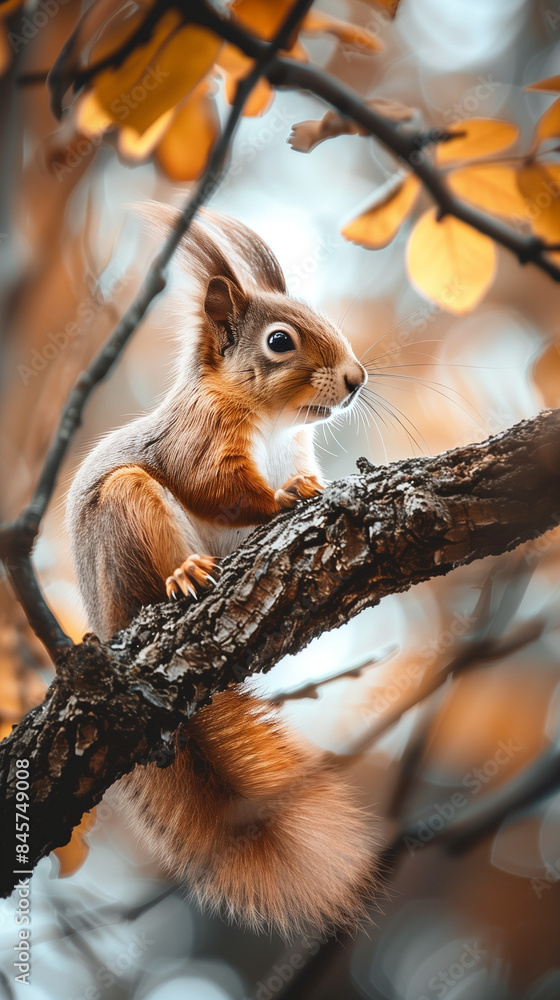 Fototapeta premium Squirrel on a tree branch in autumn with golden leaves