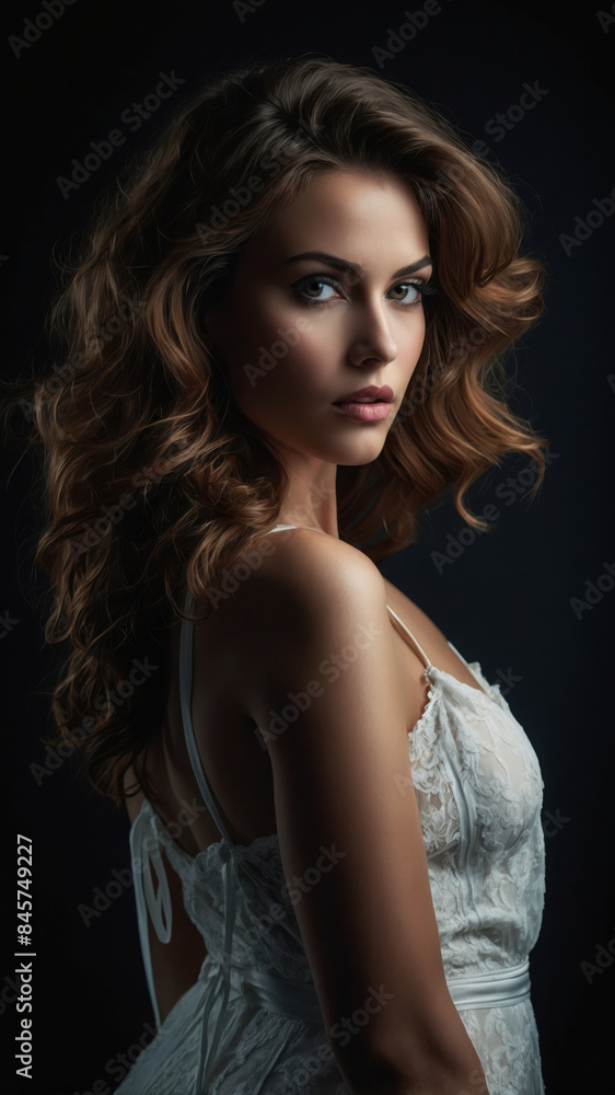 A woman with long, flowing brown curls gazes at the camera in a white lace dress. The image is lit with soft, dramatic lighting, emphasizing her features A woman with long, flowing brown curls gazes at the camera in a white lace dress. The image is lit with soft, dramatic lighting, emphasizing her features