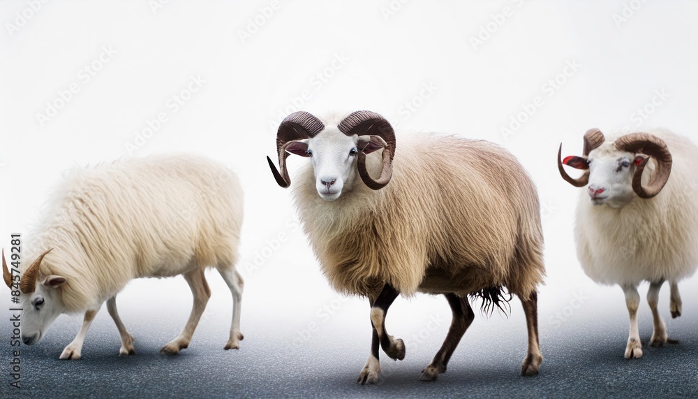 Fototapeta premium Sheep with horns walking on an isolated white background, looking at the camera. 