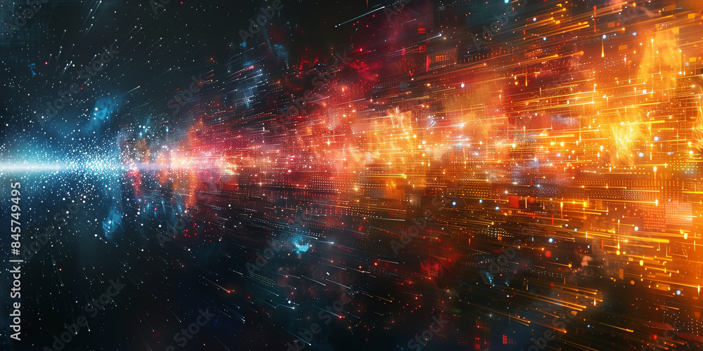 Fototapeta premium An abstract image depicting a galaxy of glowing neon lights and digital patterns exploding outwards against a deep space backdrop