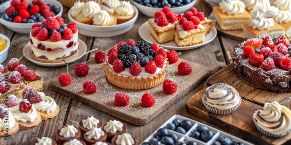 A Wooden Table Filled With Different Kinds Of Desserts With Different Toppings, Confectionery Advertising Concept A Wooden Table Filled With Different Kinds Of Desserts With Different Toppings, Confectionery Advertising Concept