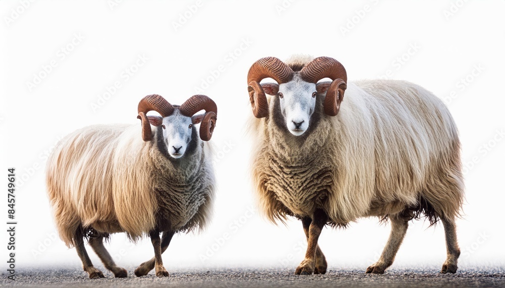 Sheep with horns walking on an isolated white background, looking at the camera. Sheep with horns walking on an isolated white background, looking at the camera.