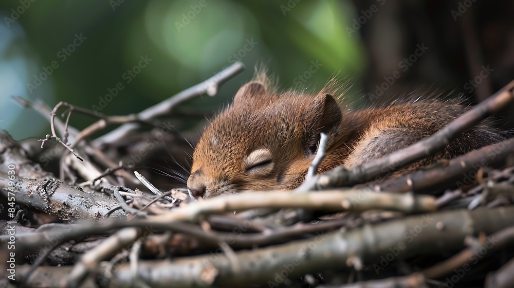 A tiny baby tree squirrel sleeping while its head is peeping out the nest A tiny baby tree squirrel sleeping while its head is peeping out the nest