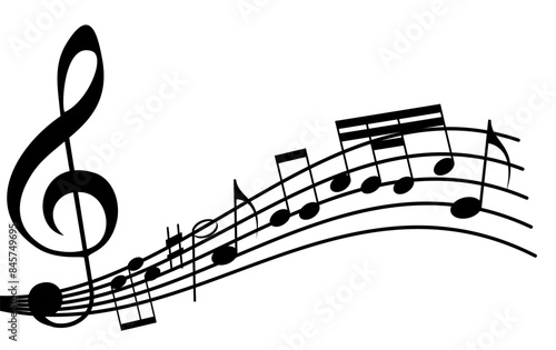 Melody music curves wave with music treble clef and musical notes, musical design isolated elements for music design festival posters, music education banners, music album covers