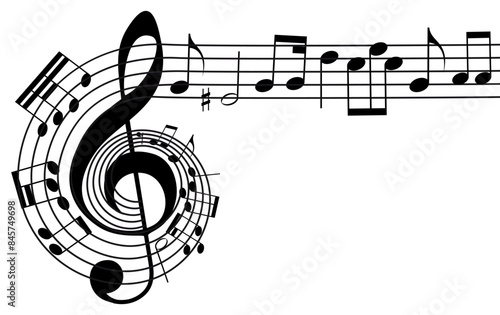 Melody music curves wave with music treble clef and musical notes, musical design isolated elements for music design festival posters, music education banners, music album covers