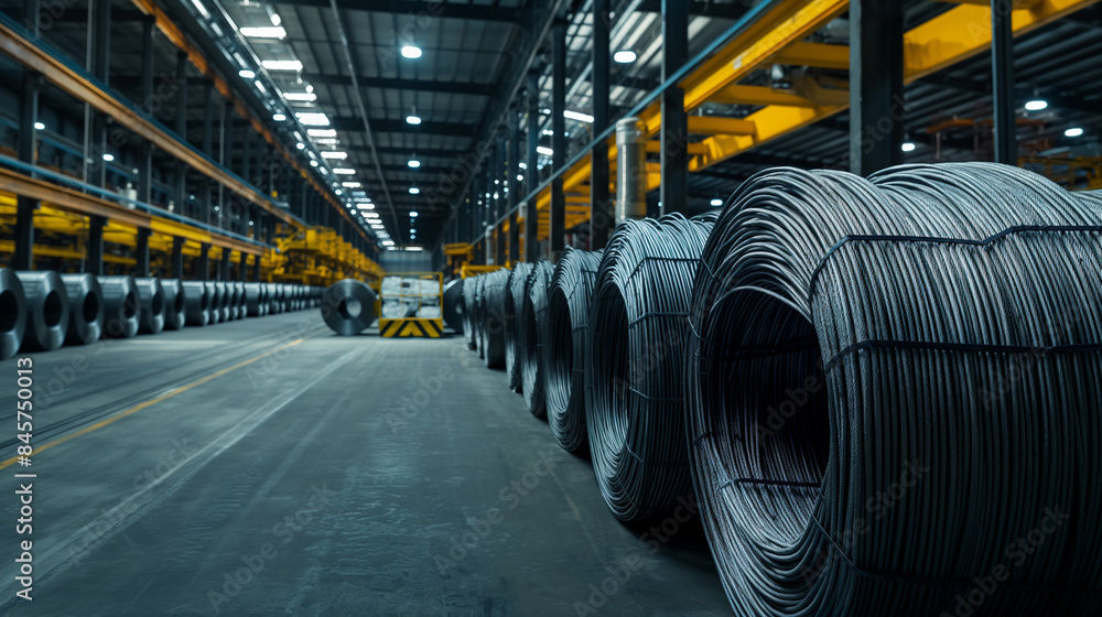Industrial warehouse with large coils of steel wire
Industrial warehouse with large coils of steel wire