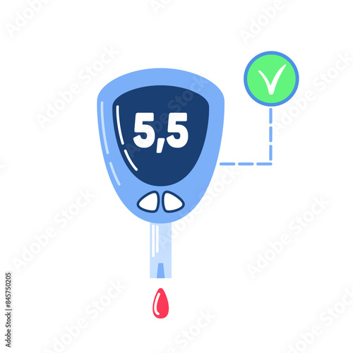 A glucometer takes a drop of blood for analysis. Vector illustration flat style. Diabetes. Medical equipment. Glucose levels are normal. health monitoring, wellness gadgets, smart devices