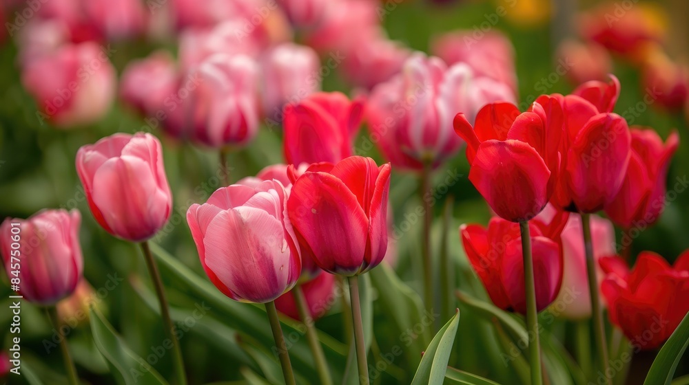 Stunning assortment of red and pink tulip flowers blooming in an outdoor park Stunning assortment of red and pink tulip flowers blooming in an outdoor park