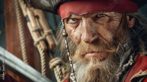 A fierce pirate with a red bandana and a detailed beard glares intensely on a ship's deck.