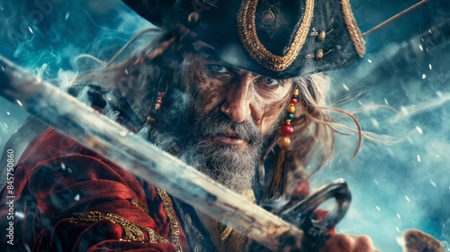 Intense pirate with a weathered face and beard, holding a sword, ready for battle in a smoky background. photo