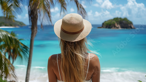 woman on the beach, woman in straw hat looking at tropical beach, summer vacation, travel, vacation, holiday, adventure, World tourism day, with copy space © G_Art