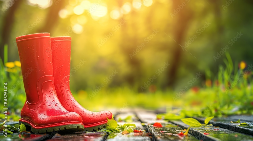 Fototapeta premium Two rain waterproof rubber boots are sitting on a wooden board in a forest, outdoor banner with copy space.