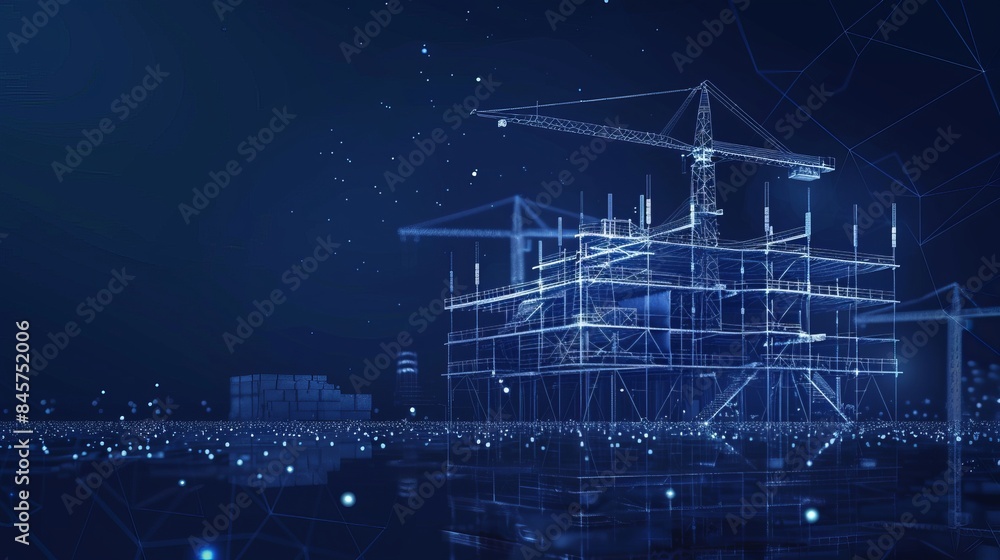 2d Wireframe Building A polygonal wireframe building is depicted under a crane against a dark ...