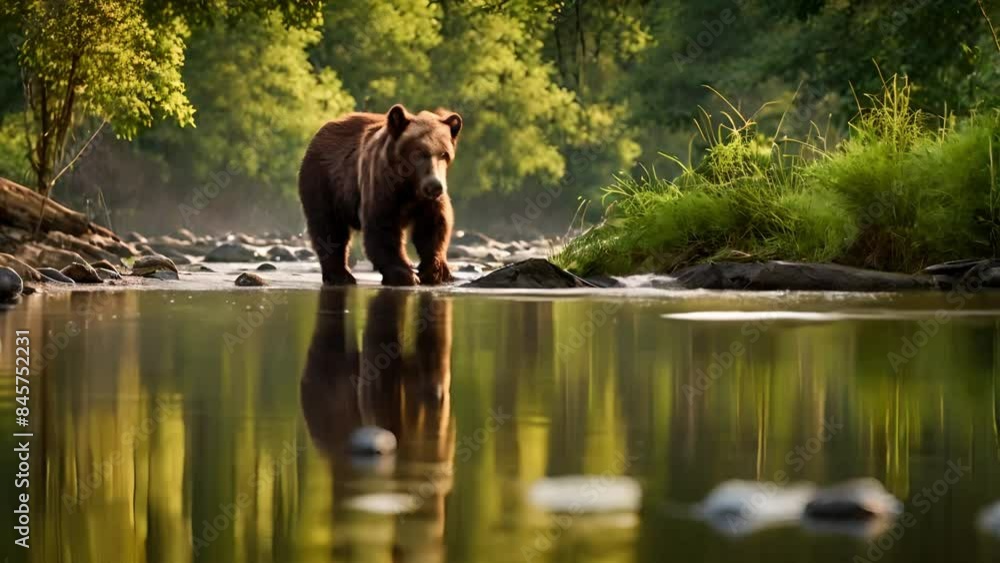 A Sun bear looking for prey in a tropical forest river A Sun bear looking for prey in a tropical forest river