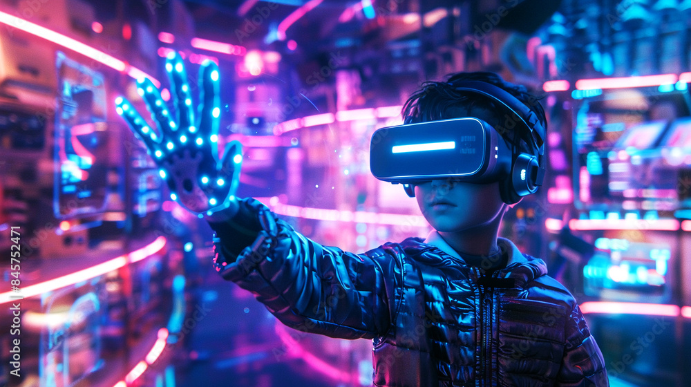 A boy interacting with virtual objects in a metaworld, using VR gloves and headset, surrounded by futuristic gaming elements. A boy interacting with virtual objects in a metaworld, using VR gloves and headset, surrounded by futuristic gaming elements.