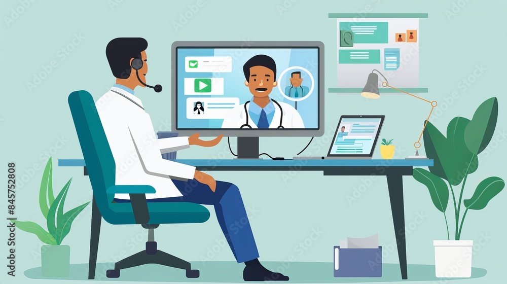 Illustration of a doctor conducting a virtual medical consultation through a computer screen. Illustration of a doctor conducting a virtual medical consultation through a computer screen.