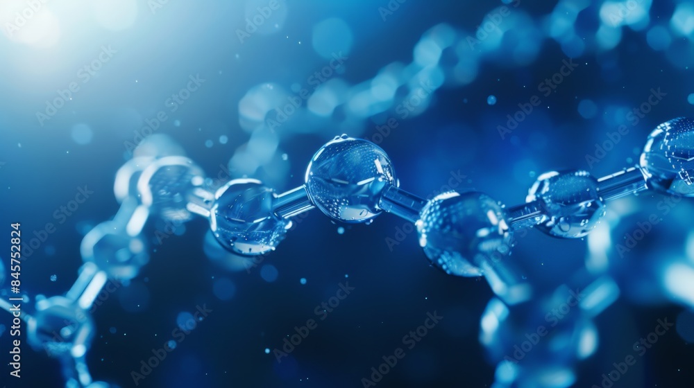 Blue molecular chain with complex structures against a dark background, advancements in pharmaceutical research precision molecular analysism, detailed visualization conveys scientific progress. Blue molecular chain with complex structures against a dark background, advancements in pharmaceutical research precision molecular analysism, detailed visualization conveys scientific progress.
