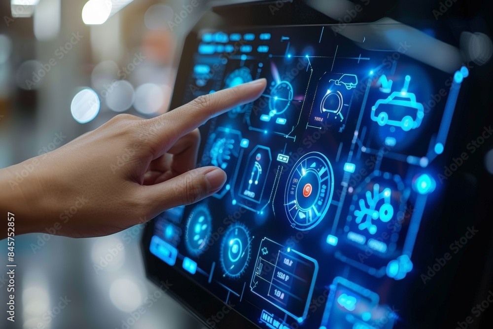 Hand interacting with futuristic blue digital interface. Bright holographic displays and intricate graphics. advanced technology, innovation, and human-machine interaction in a high-tech setting. Hand interacting with futuristic blue digital interface. Bright holographic displays and intricate graphics. advanced technology, innovation, and human-machine interaction in a high-tech setting.