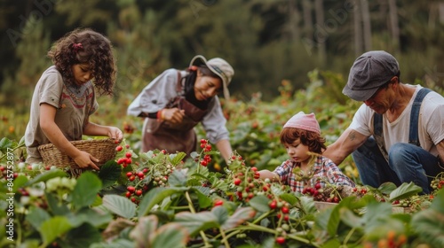 Wallpaper Mural Joyful Mixed-Age Group Harvesting Berries on Sunny Farm Day Happiness in Rural Setting Torontodigital.ca