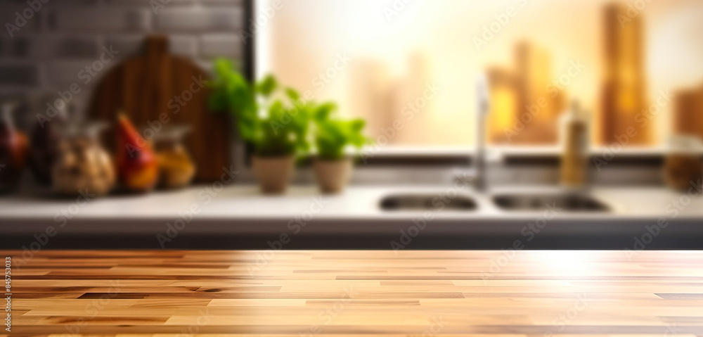 Empty wooden table against blurred kitchen background. Wooden table for displaying or assembling products Empty wooden table against blurred kitchen background. Wooden table for displaying or assembling products