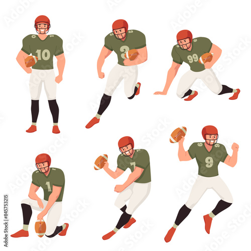 Set of young boys in different poses playing college football flat style