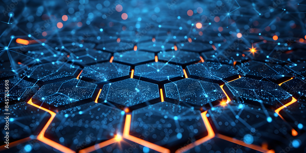 Fototapeta premium Cutting-Edge Hexagonal Technology with Blue and Orange Neon Elements