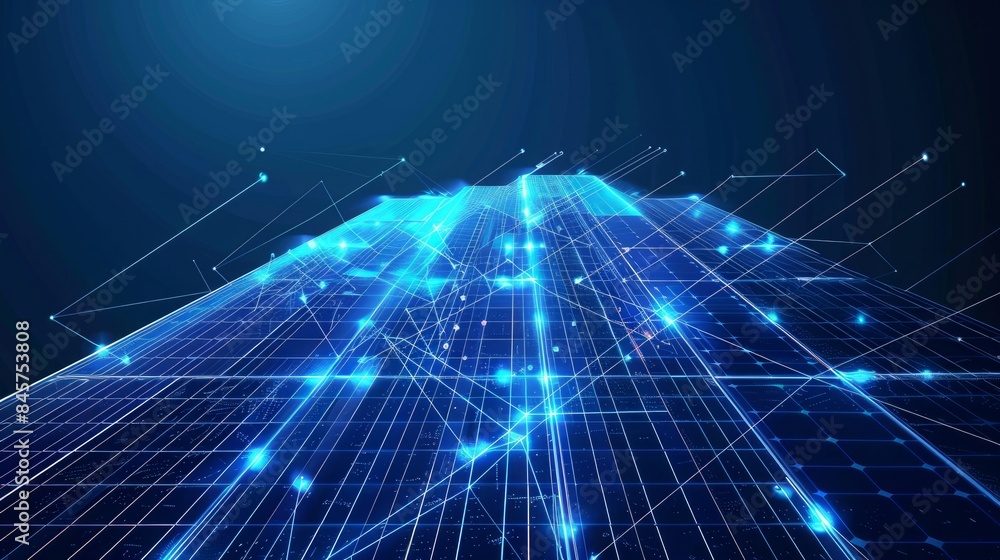 Obraz premium An abstract blue solar battery and solar panel are illustrated representing renewable energy in a low poly style design with wireframe light connection structure in a modern 3D graphic