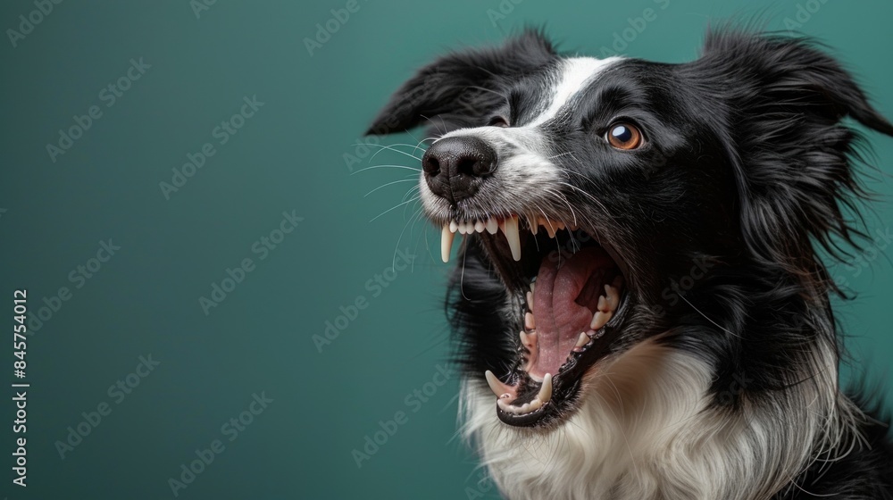 Fototapeta premium Border Collie, angry dog baring its teeth, studio lighting pastel background