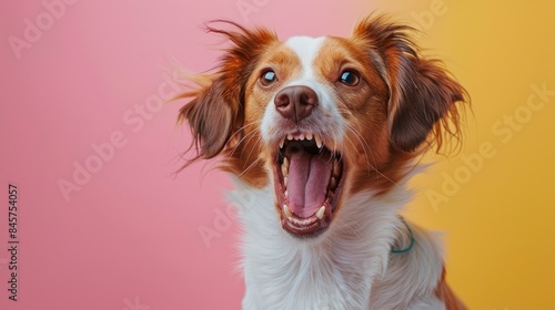 Brittany, angry dog baring its teeth, studio lighting pastel background