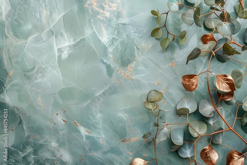 Elegant Sage Green Marble Background with Copper Leaves and Botanical Plants for Designs