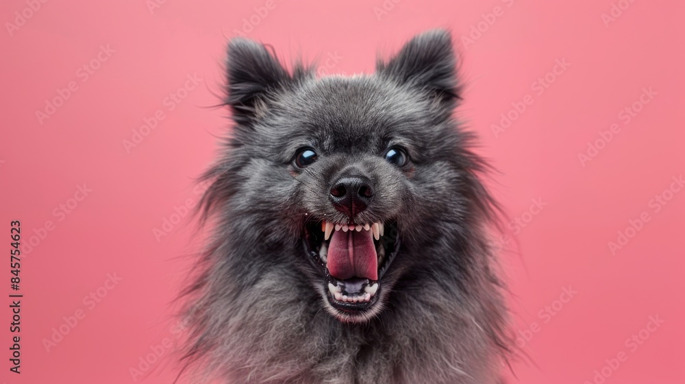 Keeshond, angry dog baring its teeth, studio lighting pastel background