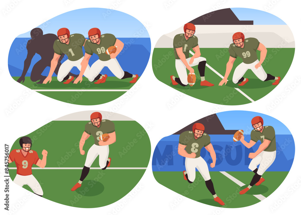 College football scenes in flat vector set, isolated background. College football scenes in flat vector set, isolated background.