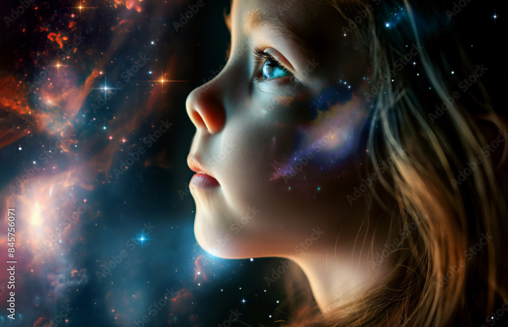 Portrait of little girl dreaming of seeing space and galaxies, as reflection of child mental health.Magic of traveling in Galaxy.Selective focus.Closeup.Generative AI Portrait of little girl dreaming of seeing space and galaxies, as reflection of child mental health.Magic of traveling in Galaxy.Selective focus.Closeup.Generative AI
