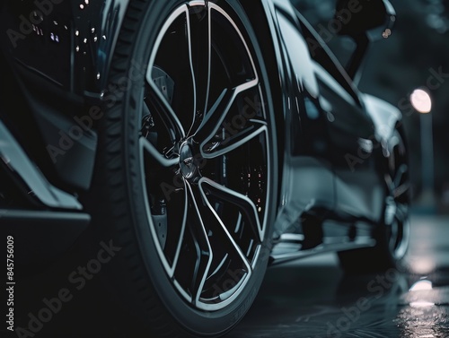 Close-up of car wheel, captured cinematically in real photography.